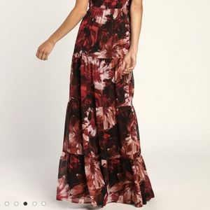 Burgundy Floral Print Tiered Maxi Dress size M (new)